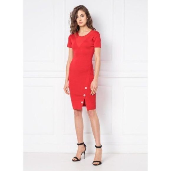 $475 NEW SILVIAN HEACH Red Pencil Dress SMALL Round Neck Short Sleeves Split Hem - Picture 11 of 12